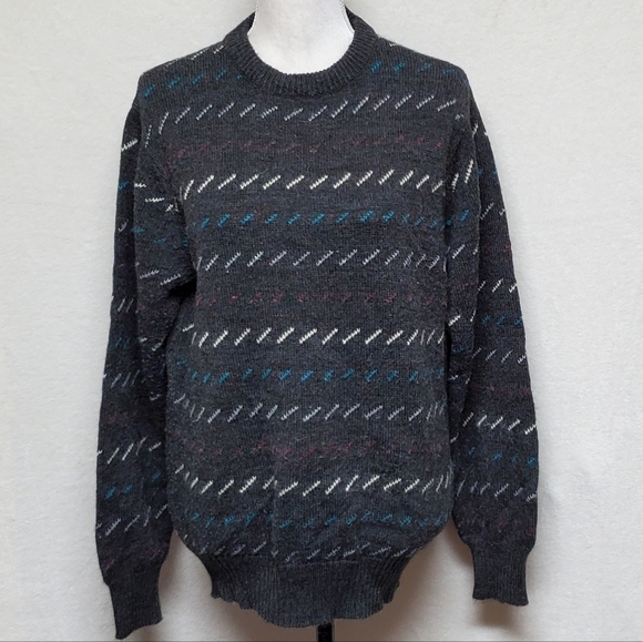 VINTAGE 70s South Channel Gray Wool Geometric Notched Knit Fisherman's Sweater - Picture 2 of 10
